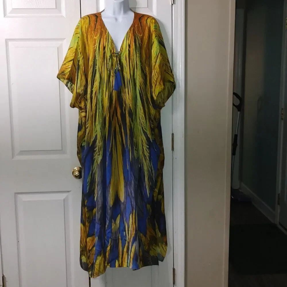 Soft Surroundings Blue Yellow Feathers Caftan Dress One Size